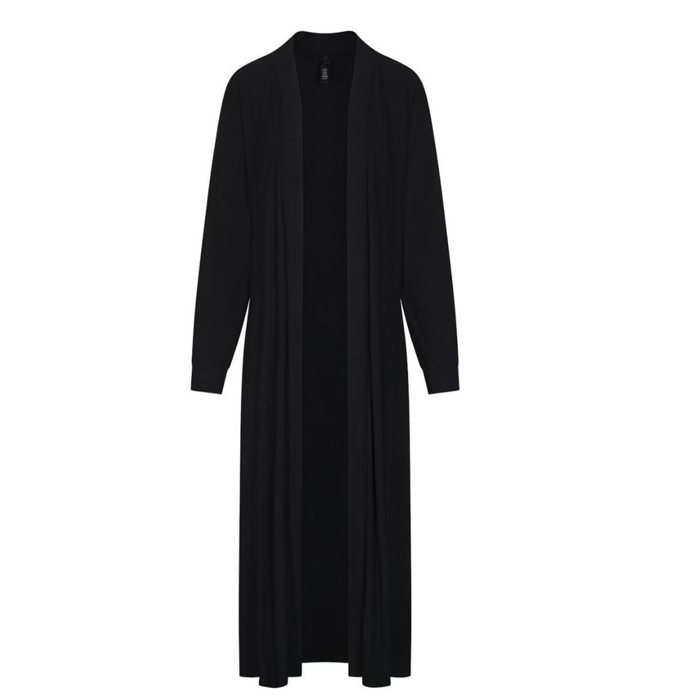 Skims Soft Lounge Long Robe Onyx Black Ribbed Knit Sleepwear RB-ROBE-5848W XS - Picture 1 of 7